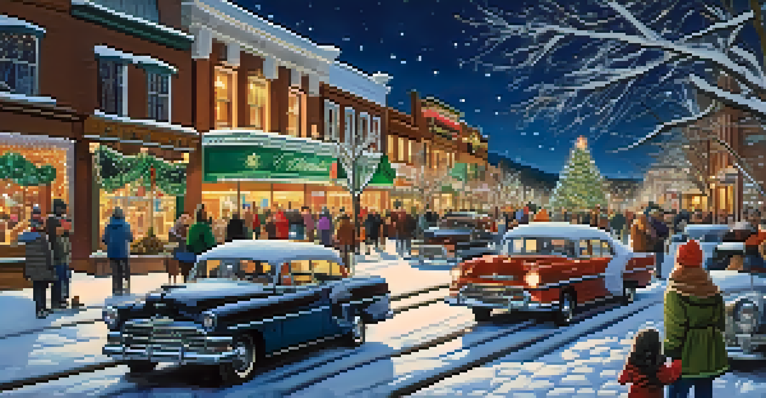 A snowy scene with a parade of lights in a decorated downtown area, surrounded by families enjoying the festive atmosphere.