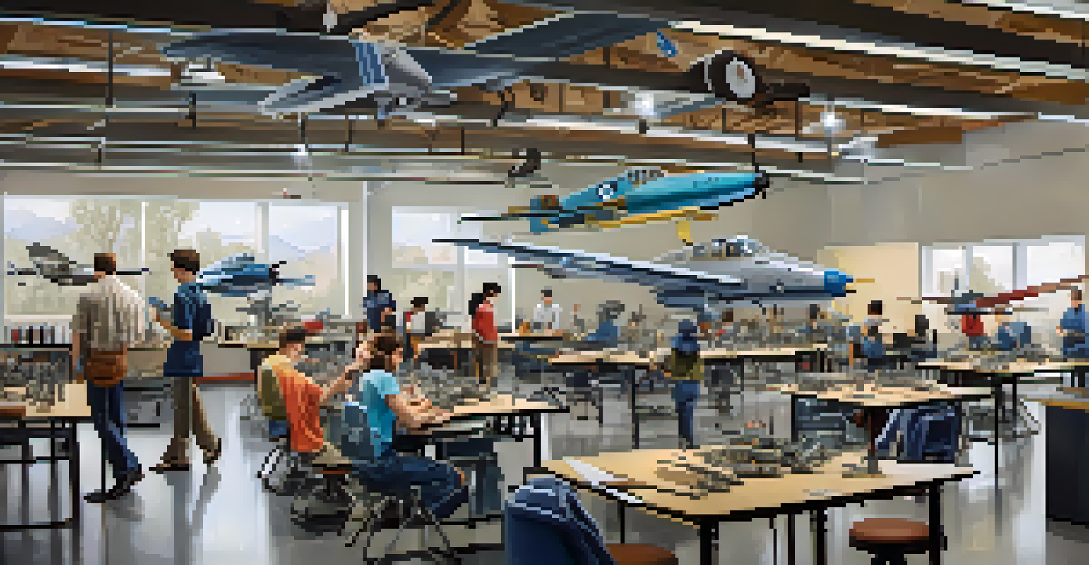 University students participating in an aerospace engineering workshop, collaborating on projects in a bright and inspiring educational environment.