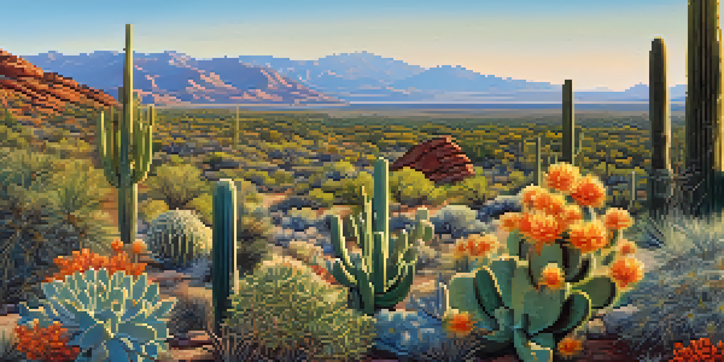 A panoramic view of Arizona displaying both desert and mountain landscapes, with cacti and blooming wildflowers.