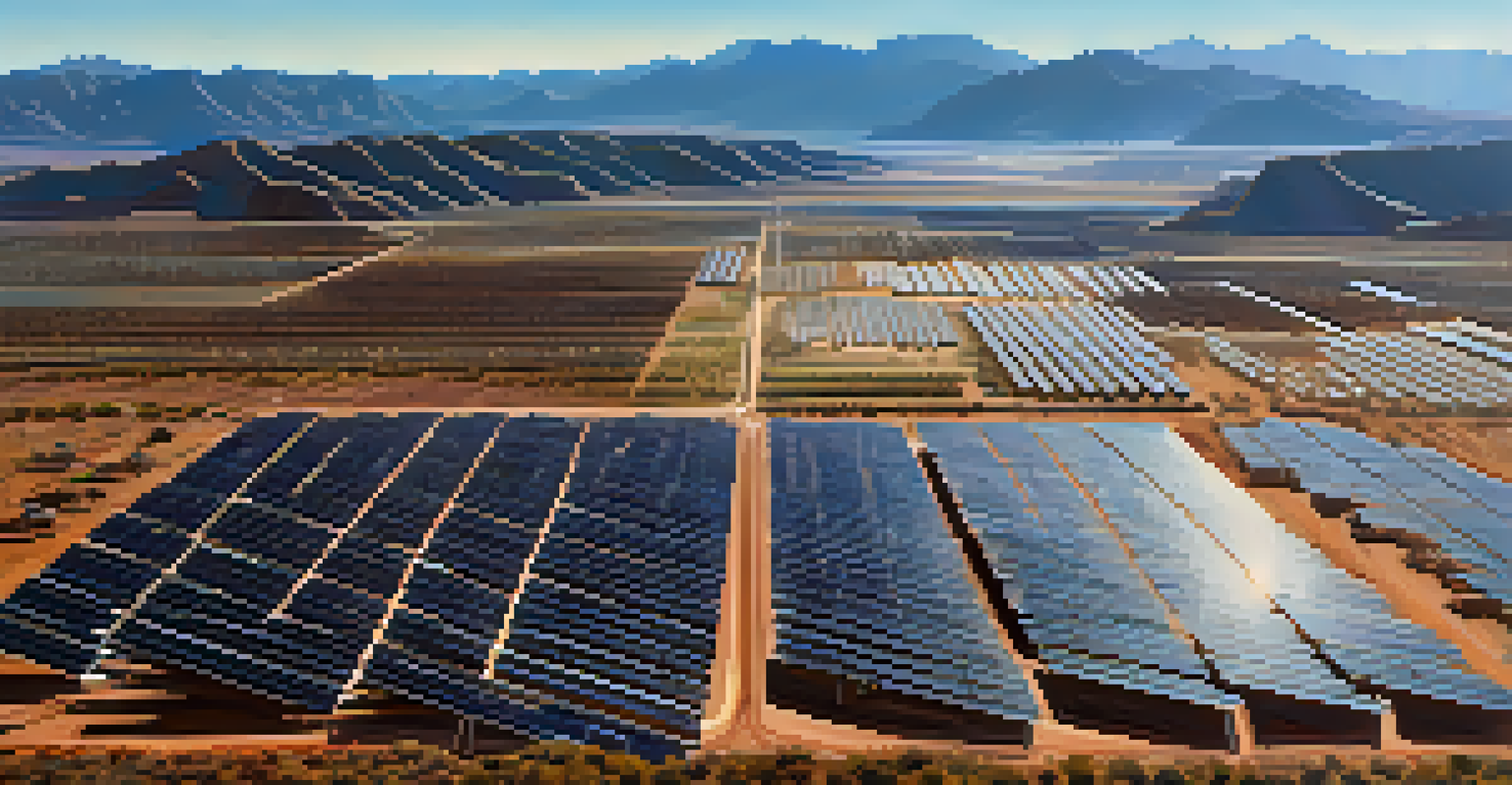 Aerial view of a solar farm in Arizona surrounded by mountains and blue skies.
