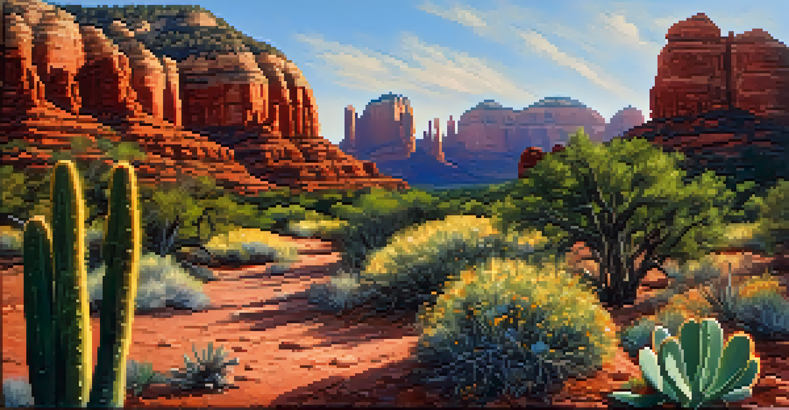 Sedona's red rock formations under a blue sky with tourists hiking along a trail, surrounded by cacti and wildflowers.