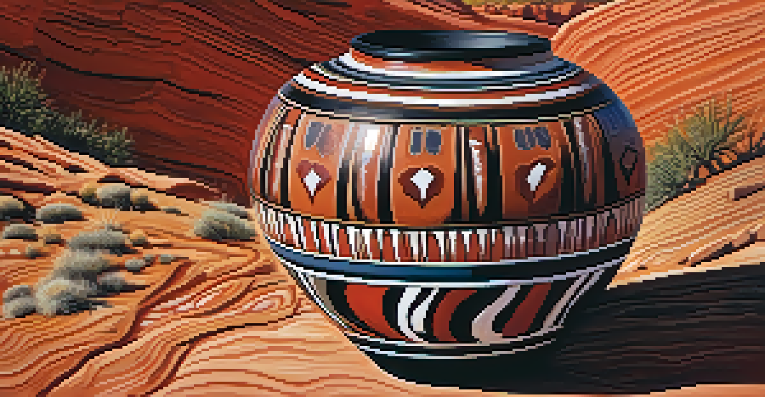 A close-up view of Hopi pottery with traditional designs, set against red rock formations in the Arizona desert.