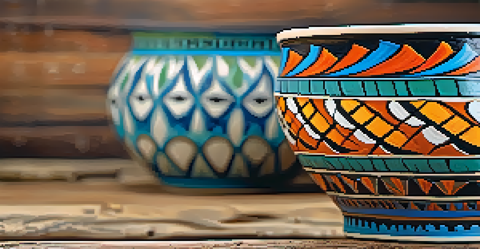 A close-up of detailed Native American pottery with vibrant colors and intricate patterns.