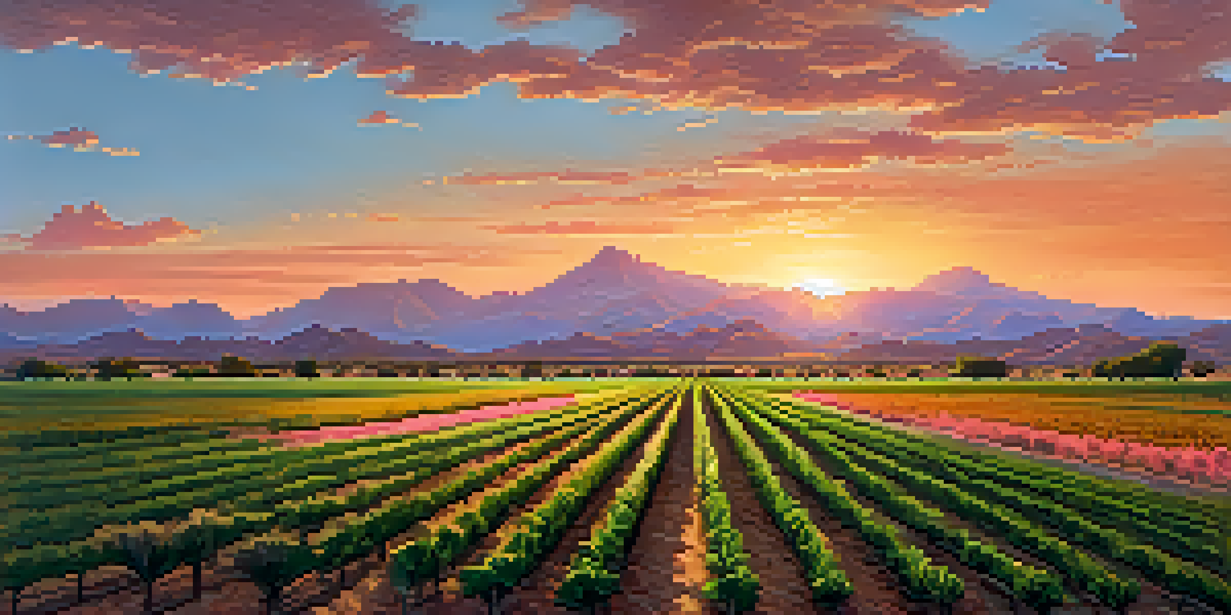 A picturesque Arizona farm at sunset with drought-resistant crops and a drip irrigation system.