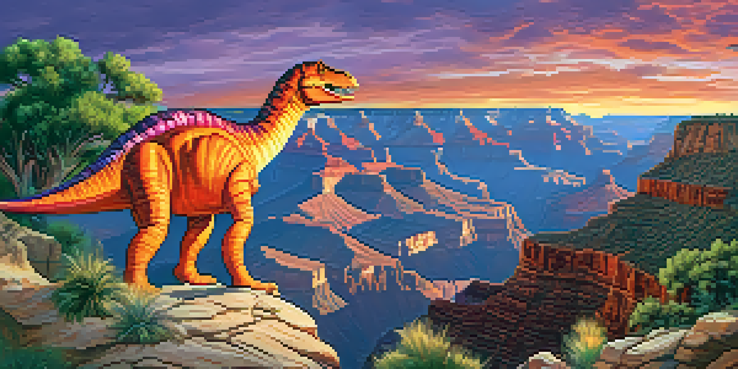 A scenic sunset over the Grand Canyon with life-sized dinosaur replicas in the foreground, showcasing vibrant colors in the sky.