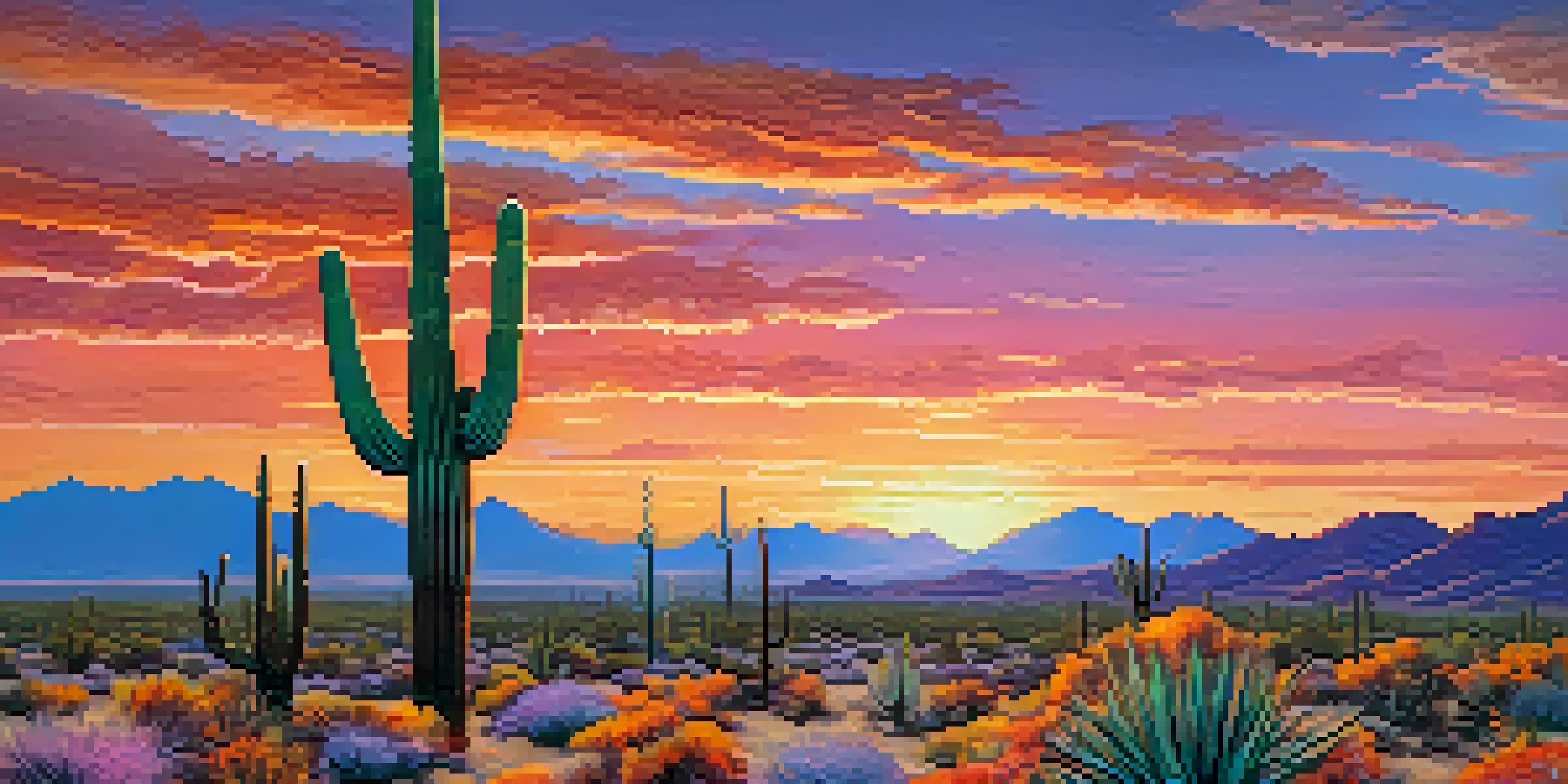 A sunset view of the Sonoran Desert with silhouetted saguaro cacti and colorful sky.