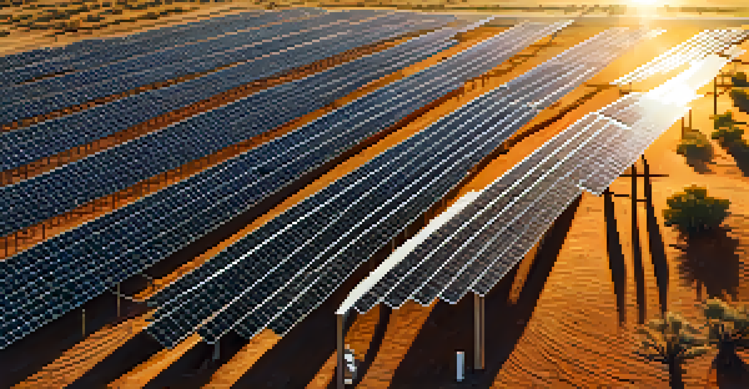 An aerial view of a solar farm in Arizona with rows of solar panels and a sunset in the background.