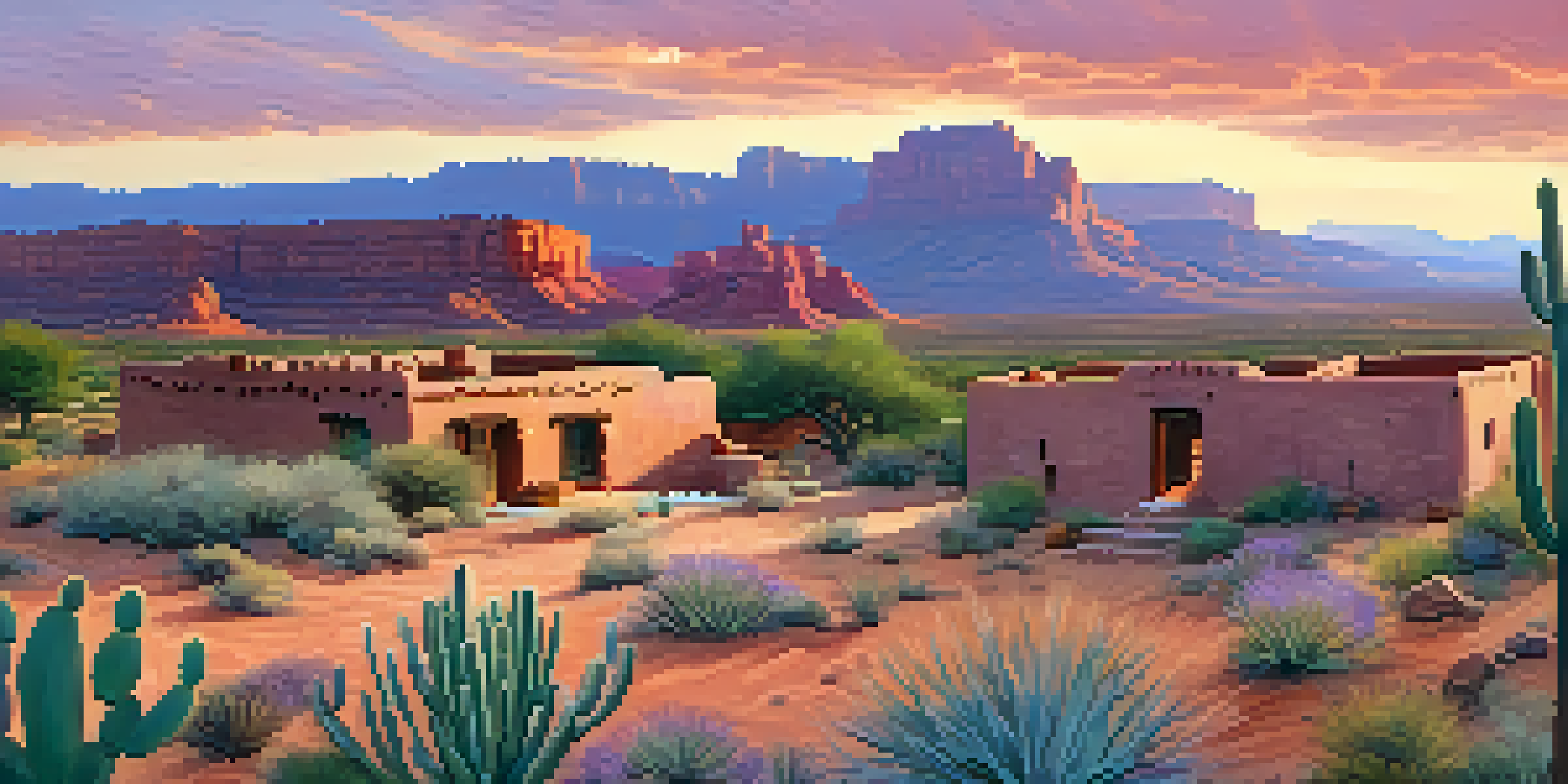 A beautiful sunset over a Native American reservation in Arizona, featuring adobe houses and red rock formations.