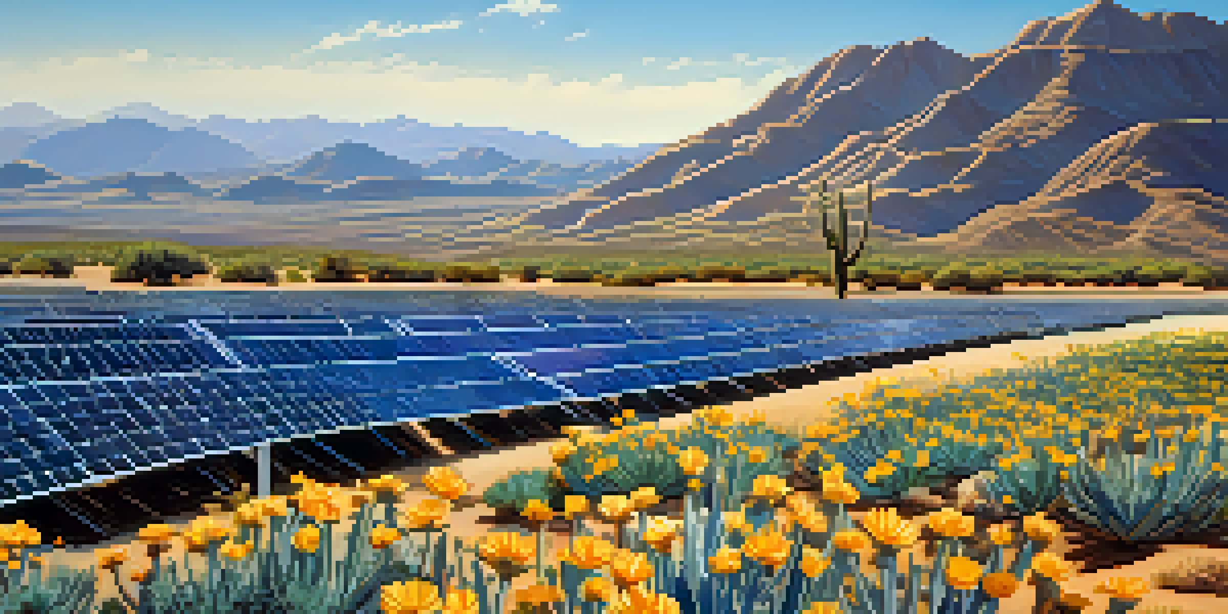 A scenic view of Arizona's desert with solar panels and blooming flowers under a bright blue sky.