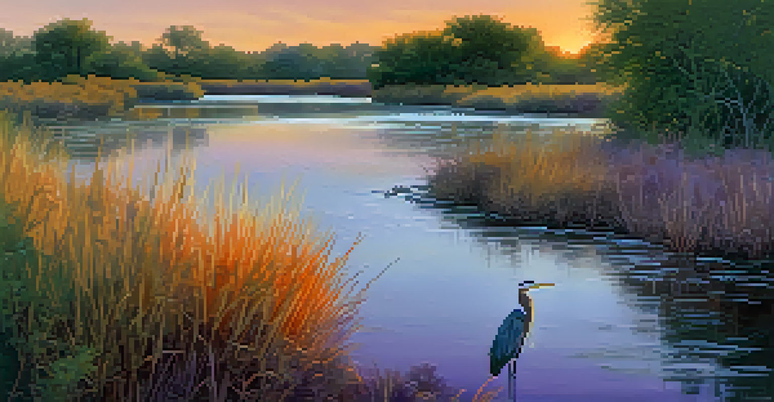 A sunset scene at the San Pedro River with a great blue heron by the water.