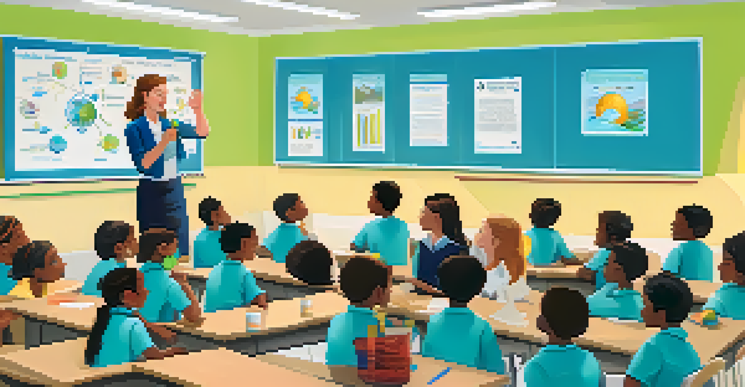 A teacher conducting a workshop on water conservation with engaged students in a colorful classroom.