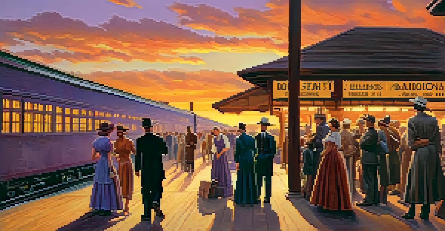 A vintage railroad station at sunset with passengers in period clothing and a colorful sky.