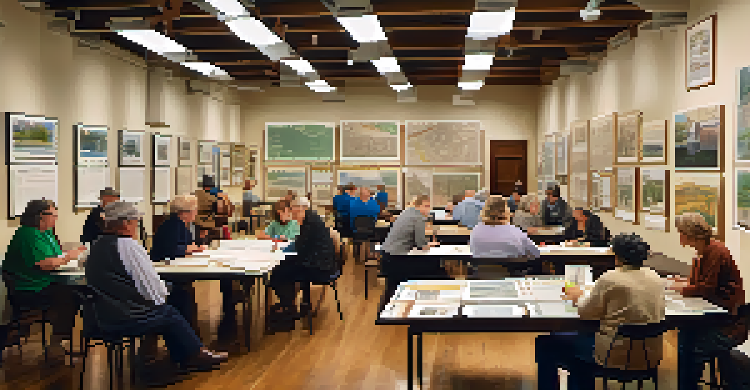 A community workshop for historic preservation with residents discussing plans and blueprints.