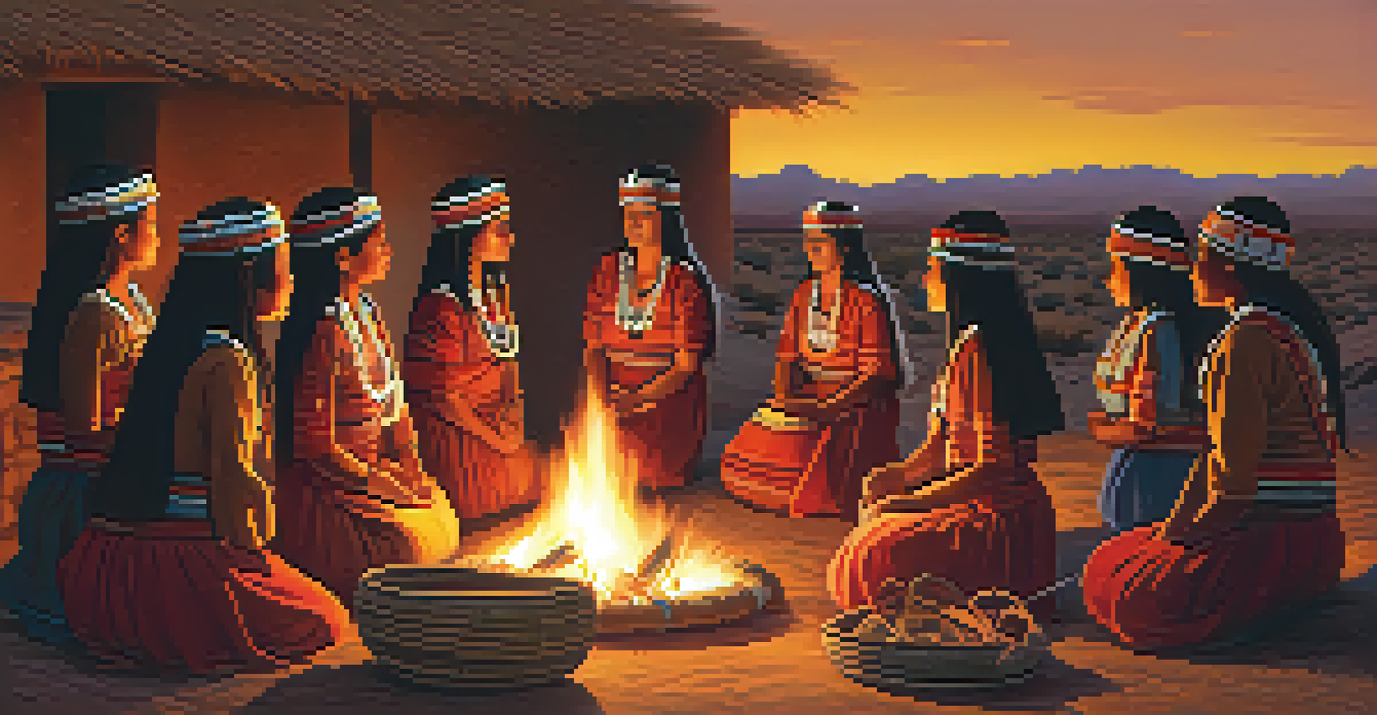 Hopi women in traditional attire gathered around a sacred fire during a ceremonial event.
