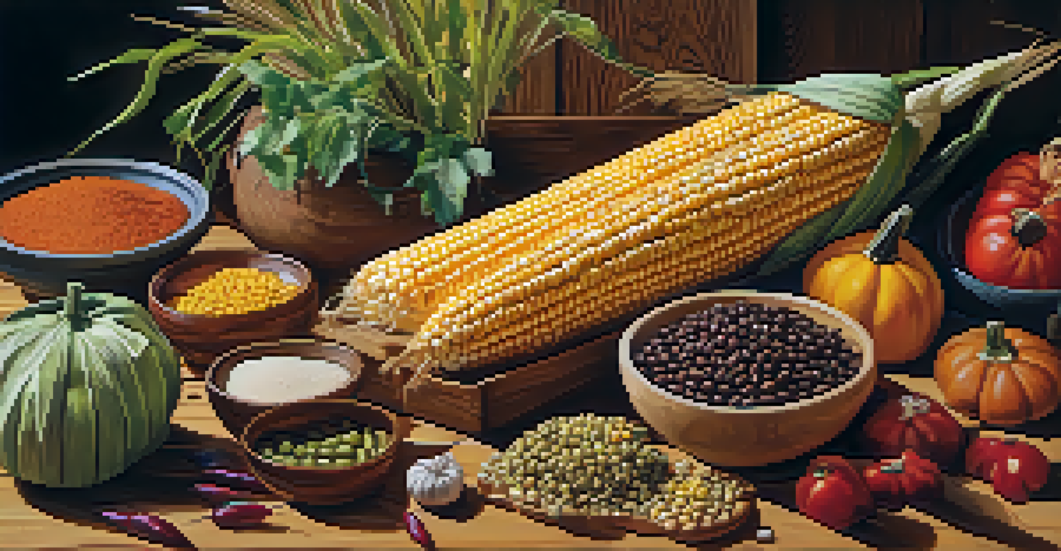 A beautiful arrangement of traditional Native American ingredients like corn, beans, and squash on a wooden surface, highlighting their colors and textures in natural light.