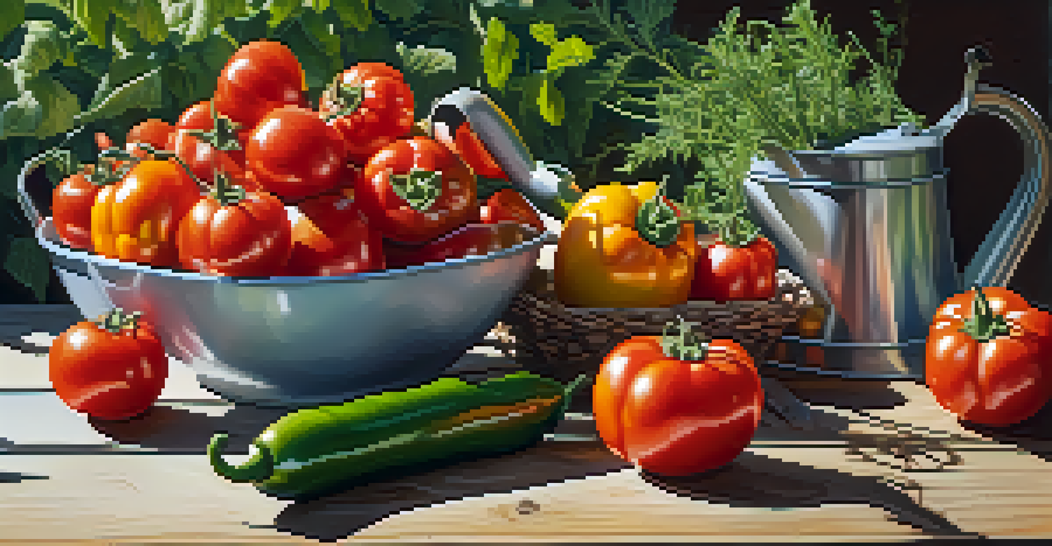 Freshly harvested tomatoes, peppers, and herbs displayed on a wooden table, with gardening tools and sunlight filtering through leaves in the background.