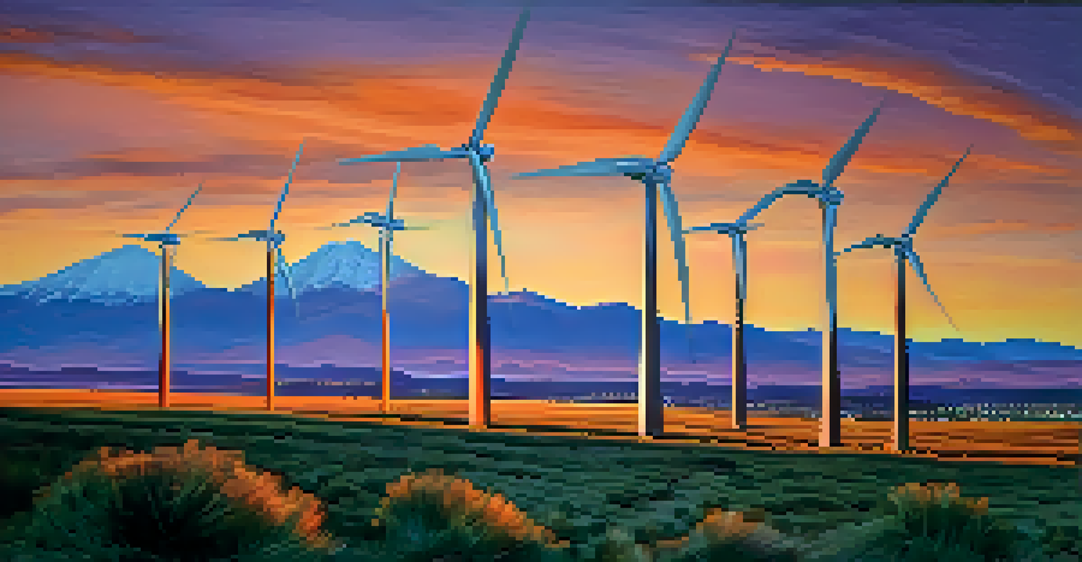 Wind turbines positioned in front of Arizona's San Francisco Peaks during sunset, with a colorful sky of orange and purple hues.
