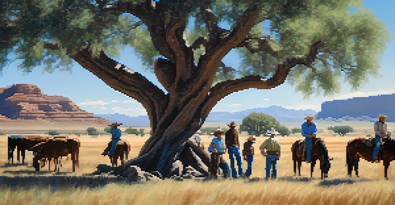 A group of Native American and modern ranchers collaborating on sustainable practices under a tree in Arizona.