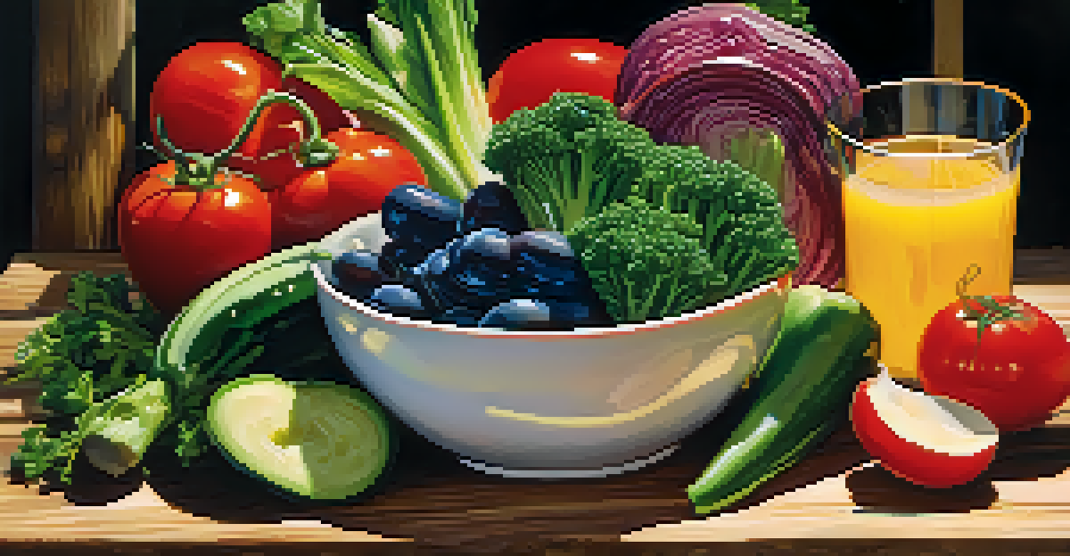 A close-up of a healthy meal featuring fresh vegetables and grains on a rustic wooden table, illuminated by natural light.