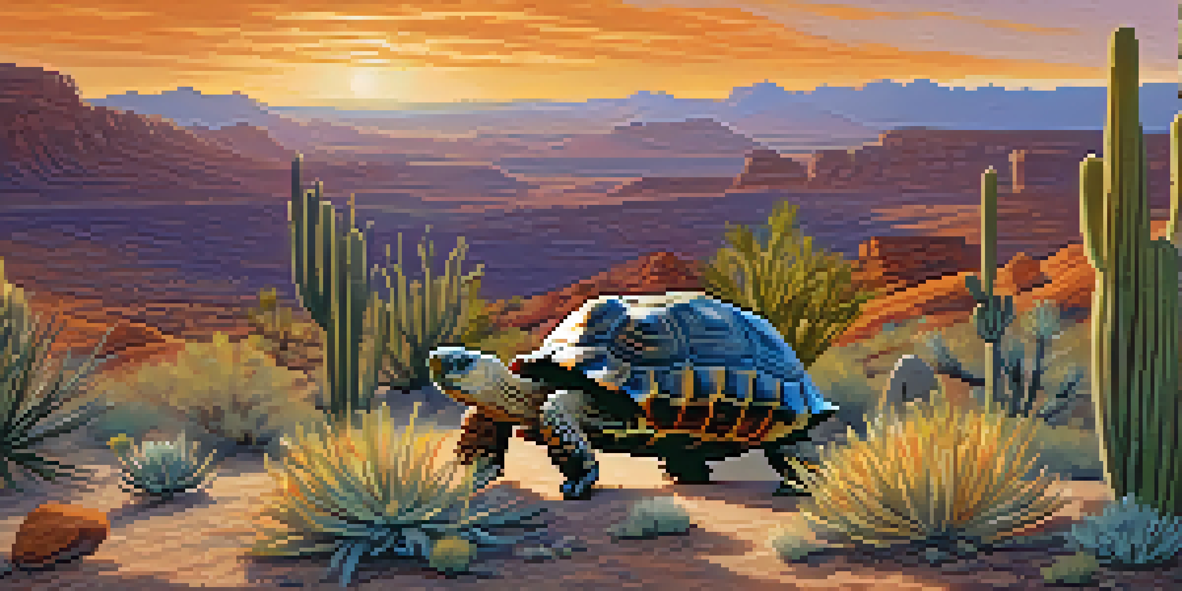 A desert tortoise in the Arizona desert at sunrise, surrounded by cacti and colorful sky.