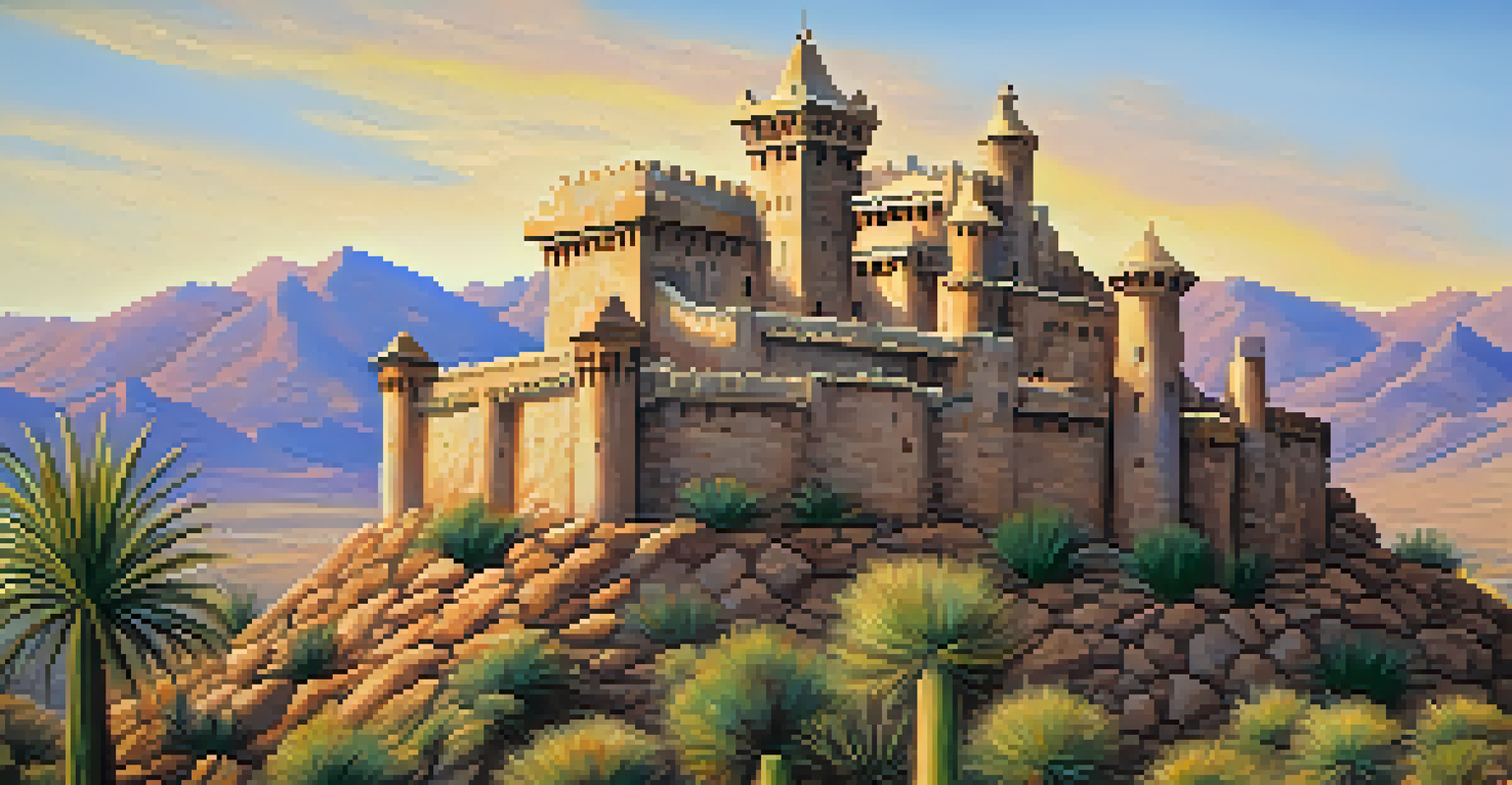 A unique architectural castle nestled in the Phoenix mountains, surrounded by desert scenery.