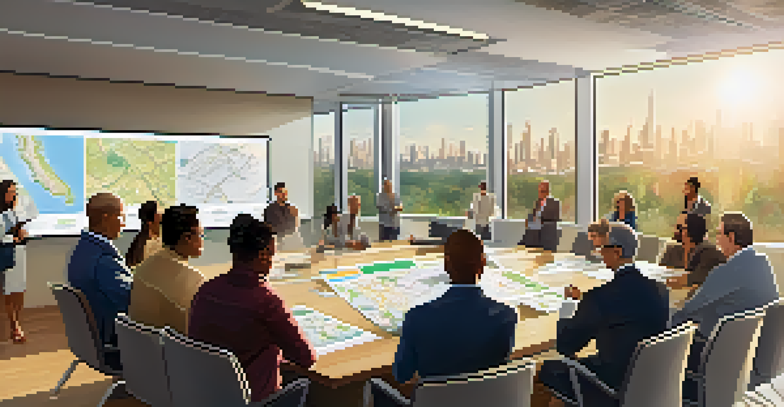 A diverse group of community members in a modern conference room discussing urban planning with maps and screens.