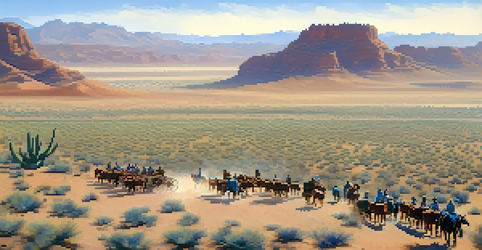 Aerial view of a cattle drive in Arizona with cowboys guiding Hereford cattle across a dusty trail with a desert landscape below.
