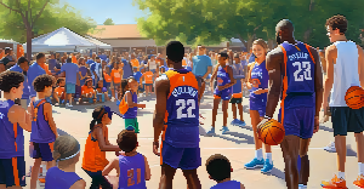 Phoenix Suns players interacting with children at a community event, signing autographs, and showcasing teamwork under bright sunshine.