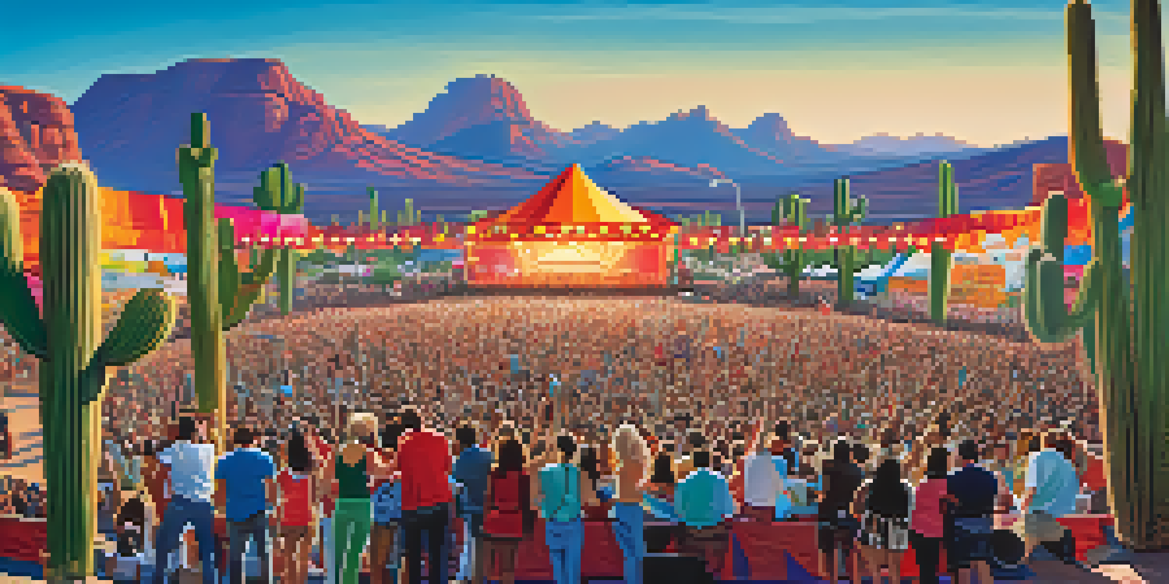 A lively outdoor music festival in Arizona with a diverse crowd enjoying live rock performances against a desert backdrop.