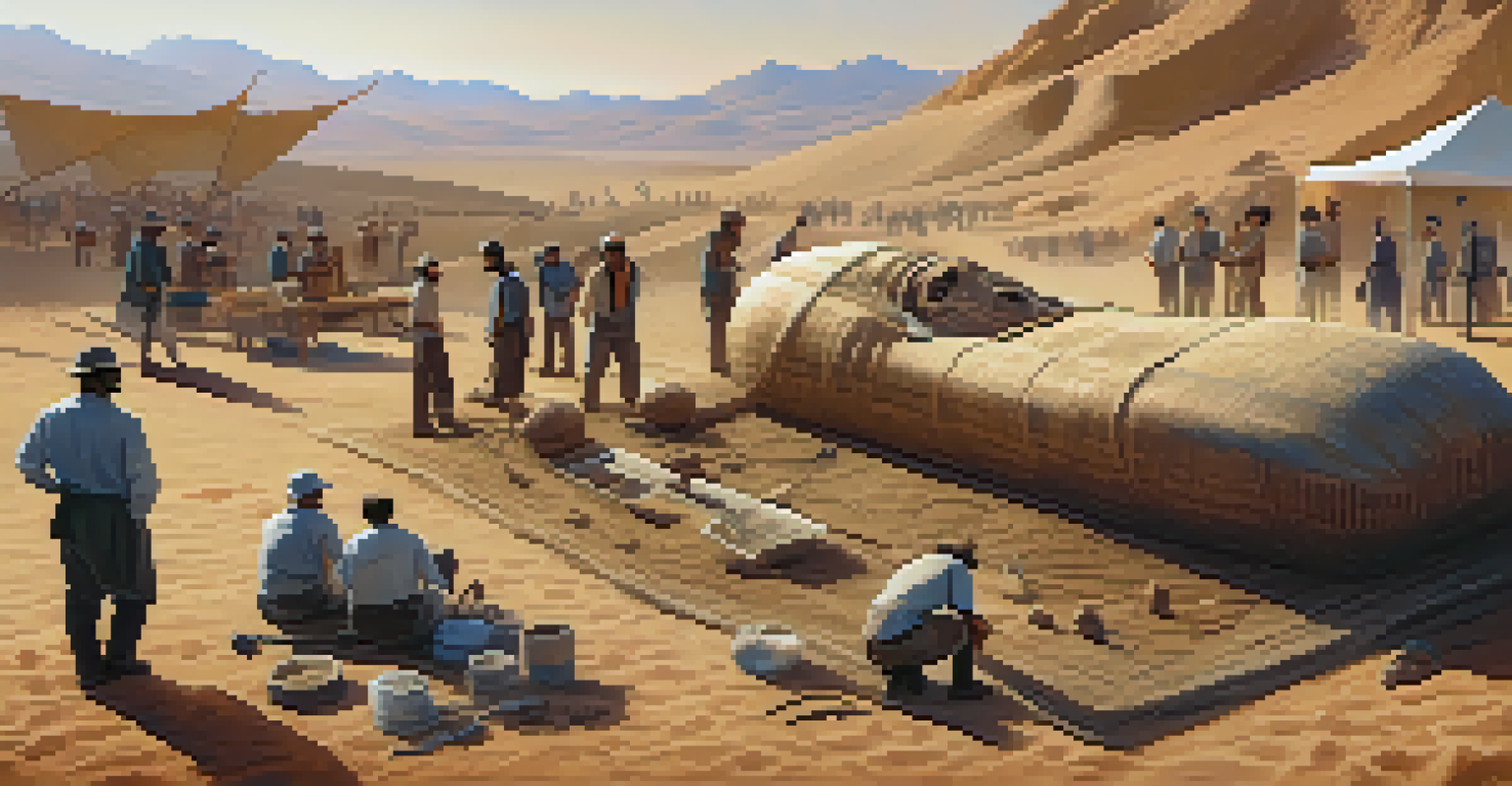 Scientists examining a giant mummy at an archaeological dig site with tools around them in bright daylight.