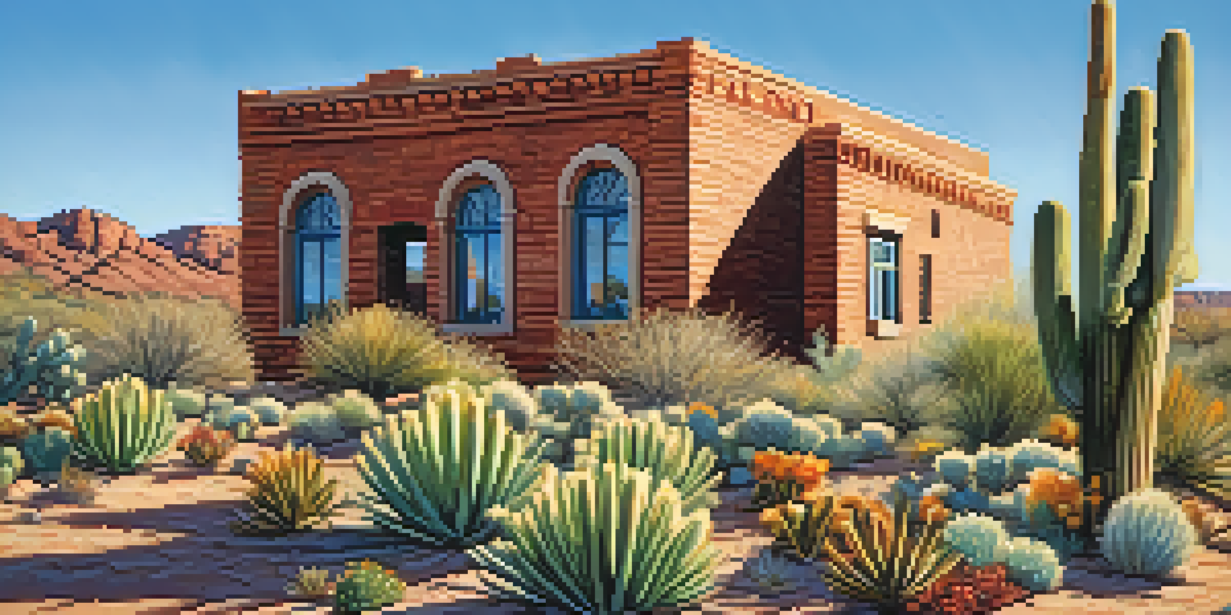 A historic building in Arizona, surrounded by desert plants and a clear blue sky, showcasing its architectural details in warm tones.