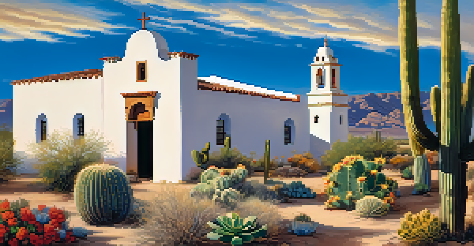 A Spanish mission in the Arizona desert, surrounded by cacti and wildflowers under a blue sky.
