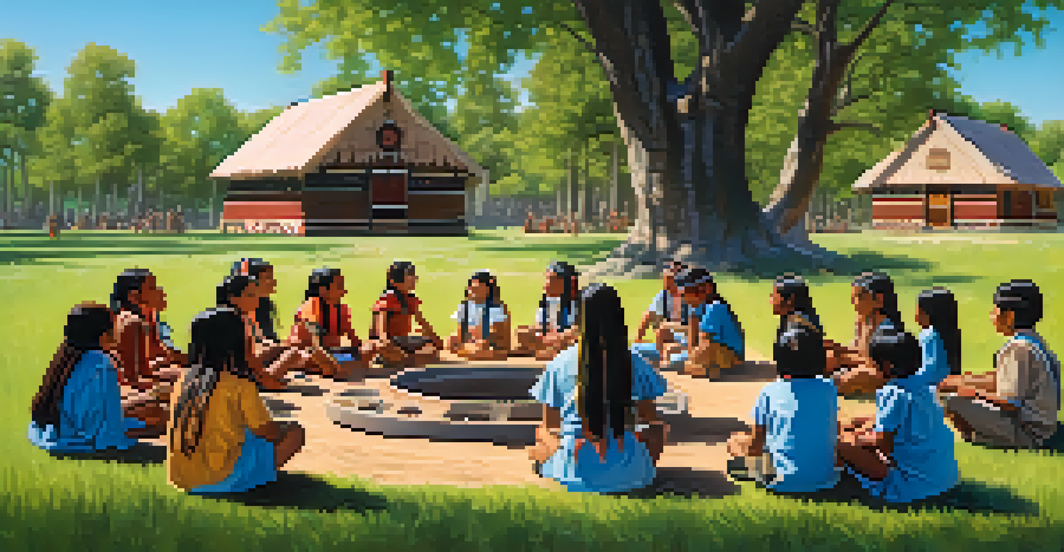Native American children gathered in a circle for a cultural storytelling event outdoors, with traditional structures in the background.