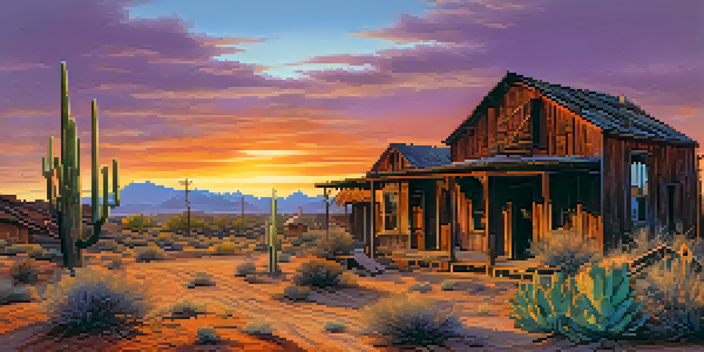 A panoramic view of a deserted Arizona ghost town at sunset, featuring dilapidated buildings and rusted mining equipment under a colorful sky.