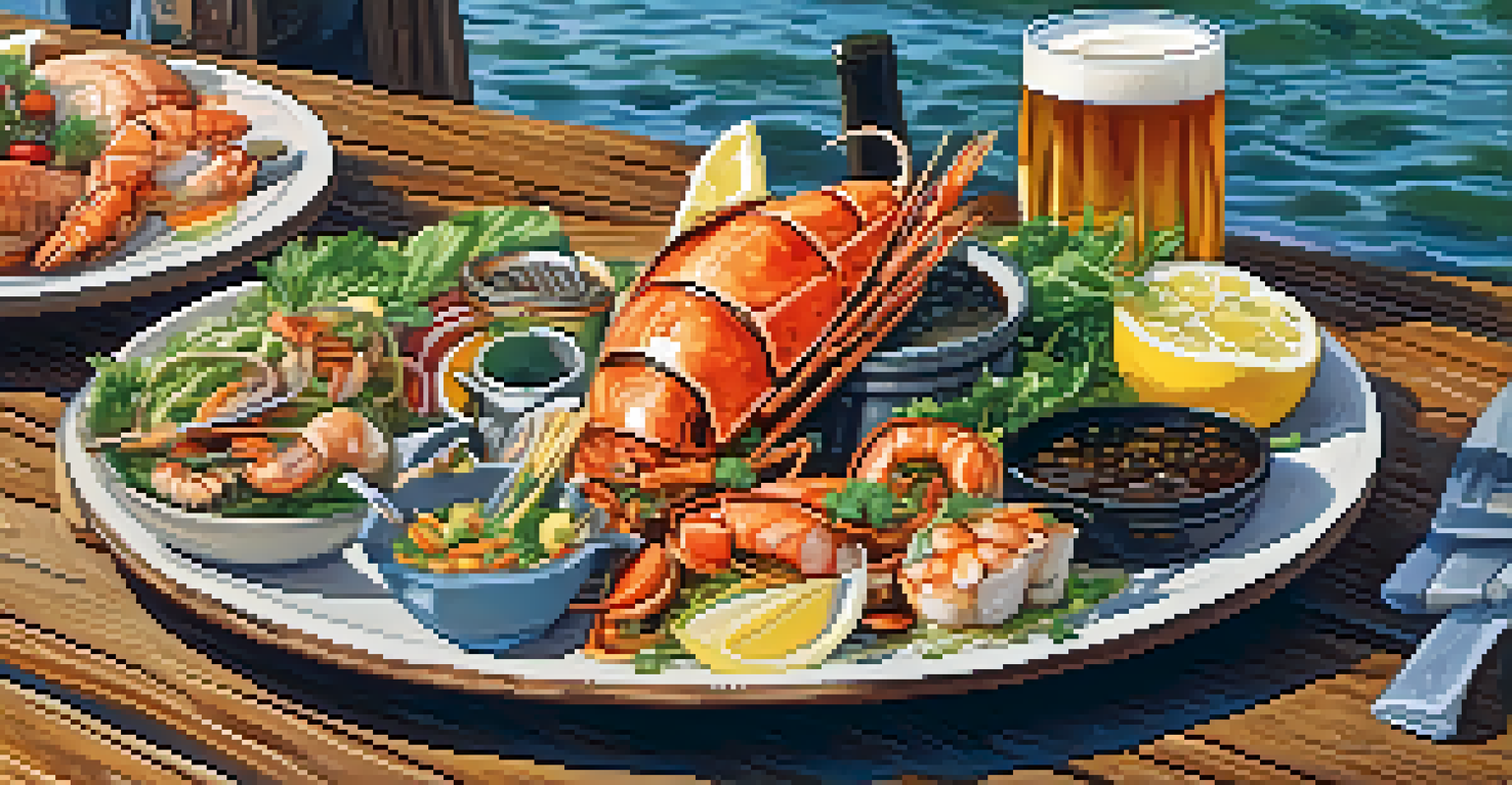 A close-up of a plate of grilled seafood paired with a glass of craft beer on a rustic wooden table.