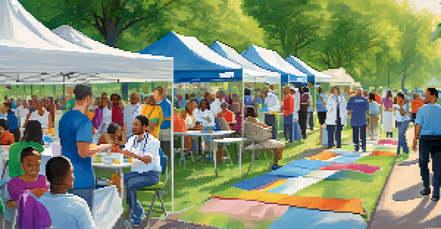 A community health event in a park with healthcare professionals offering free screenings and health education.