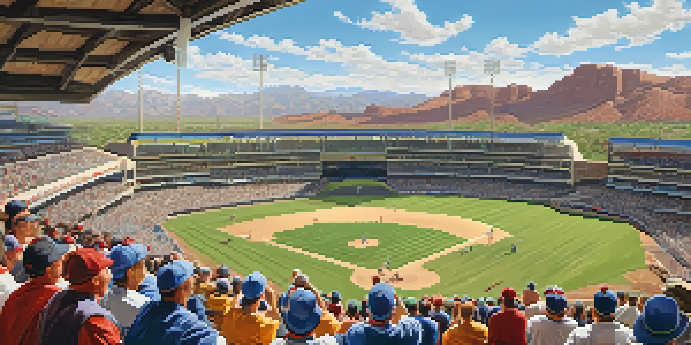 A lively Spring Training baseball game in Arizona with fans cheering in a sunny stadium surrounded by desert landscape.