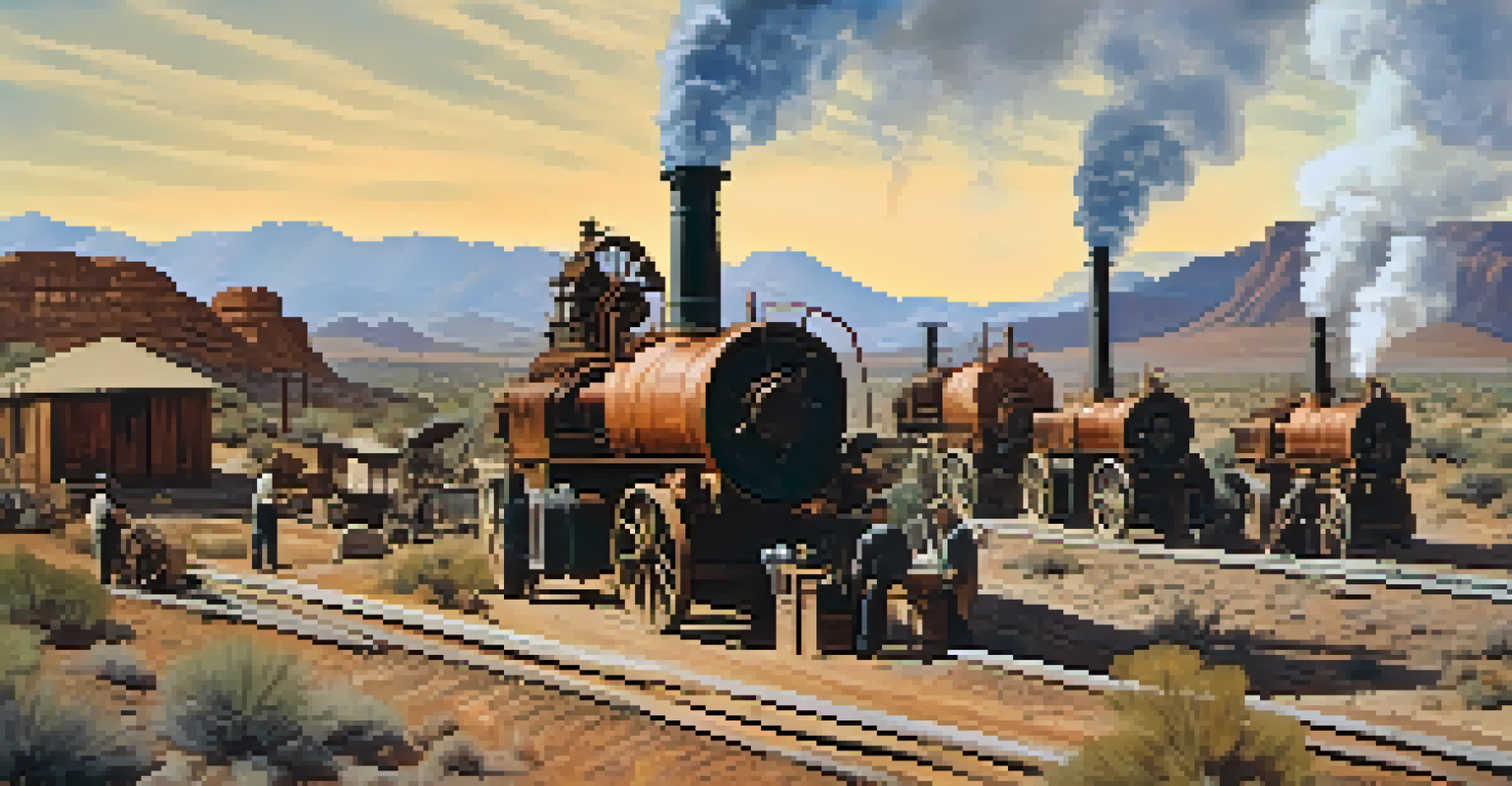 A historical illustration of a copper mining operation in the early 20th century, showing workers and steam-powered machinery in a desert setting.