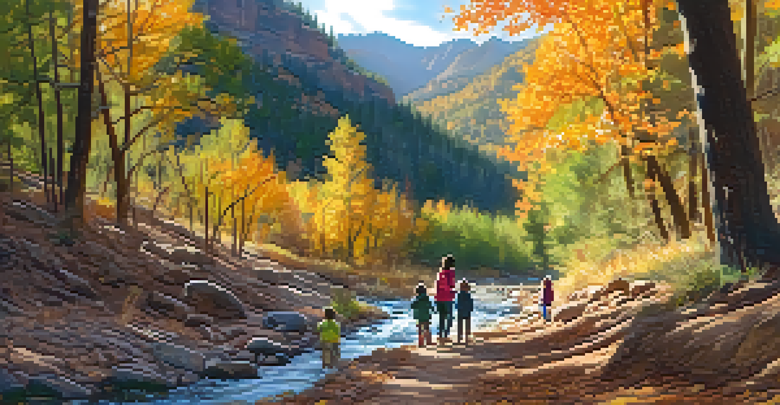 A family crossing a creek on a colorful autumn trail, with vibrant leaves and sunlight filtering through the trees, capturing their joyful exploration.