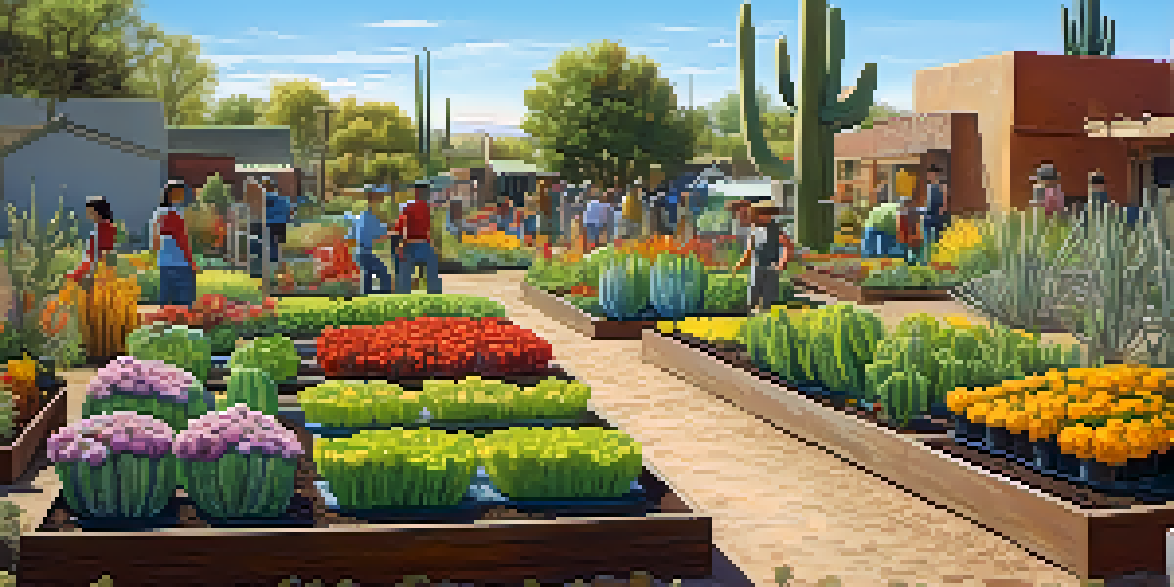 A diverse group of people working together in a colorful community garden filled with vegetables and flowers, under a bright blue sky in Arizona.