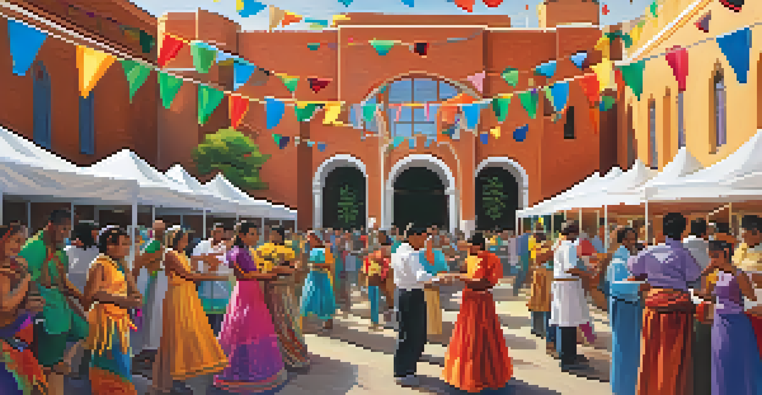 A lively cultural festival at a modern Catholic mission, with people celebrating through dance, food, and music in front of the mission building.