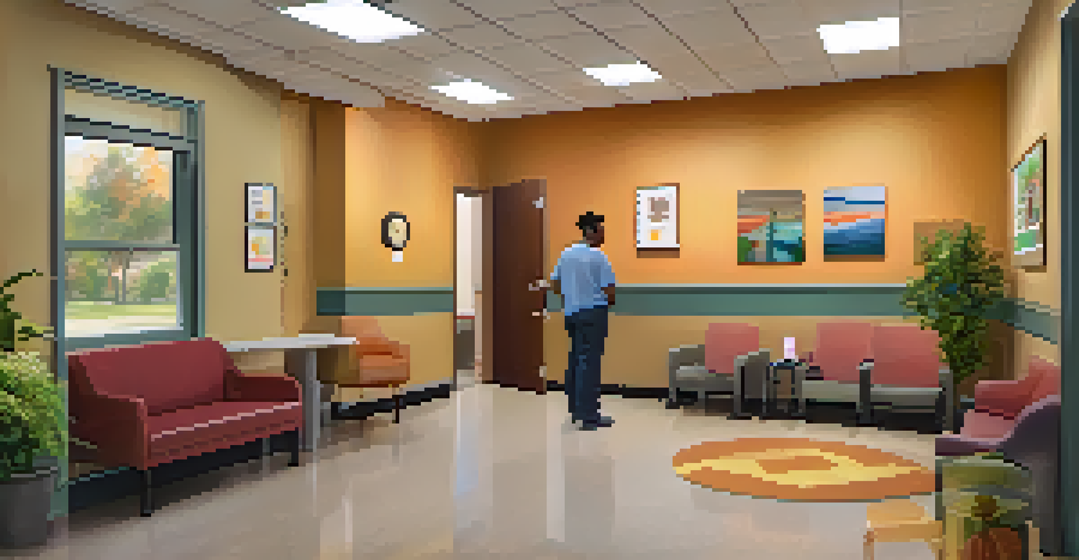 A welcoming reception area of a community mental health center with comfortable seating and friendly staff.