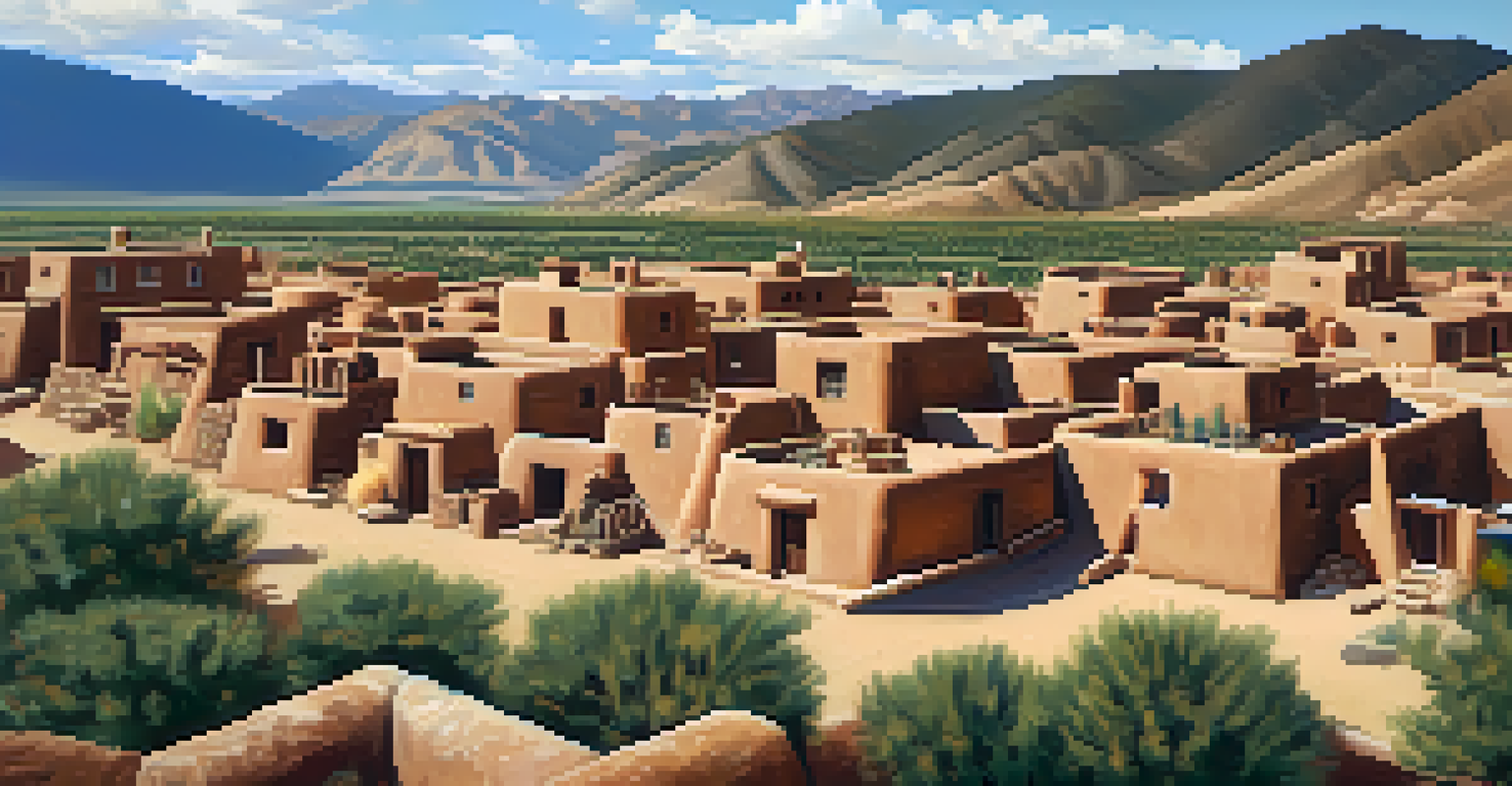 Aerial view of the Pueblo de Taos with adobe structures and mountains in the background.