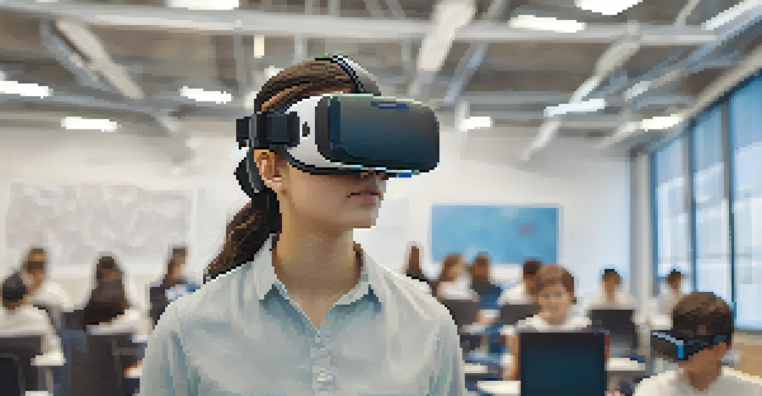 A student using virtual reality technology for training, deeply focused in a modern classroom setting.