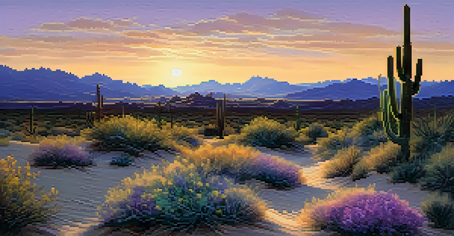 A desert landscape with silhouetted cacti and twilight skies.