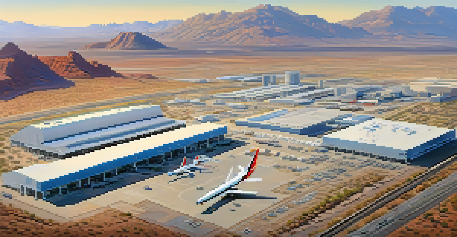 Aerial view of an aerospace facility in Arizona surrounded by mountains and desert, showcasing aircraft assembly.