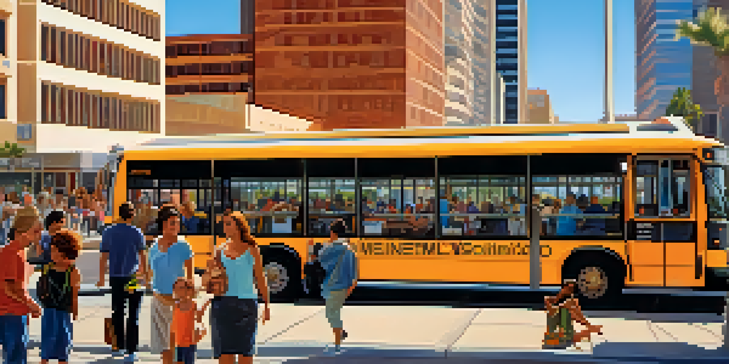 A busy bus stop in Phoenix with a Valley Metro bus and diverse passengers in a bright urban setting.