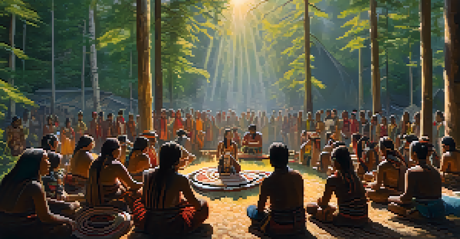 A peaceful gathering of an indigenous community in a forest, celebrating cultural traditions.