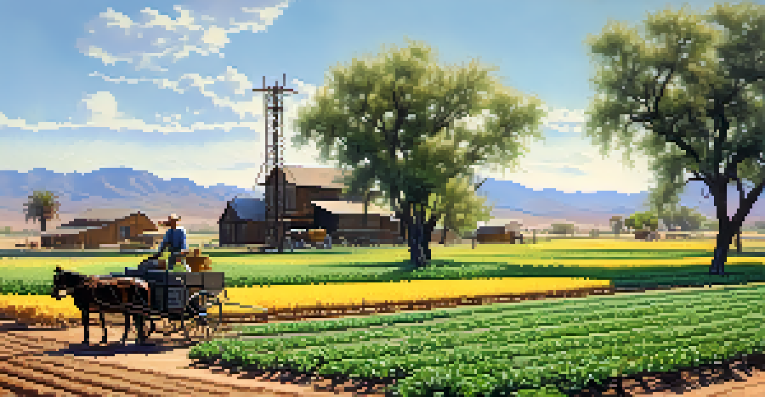 A farmer plowing a field with a horse-drawn plow, surrounded by crops and an old irrigation system in Arizona.