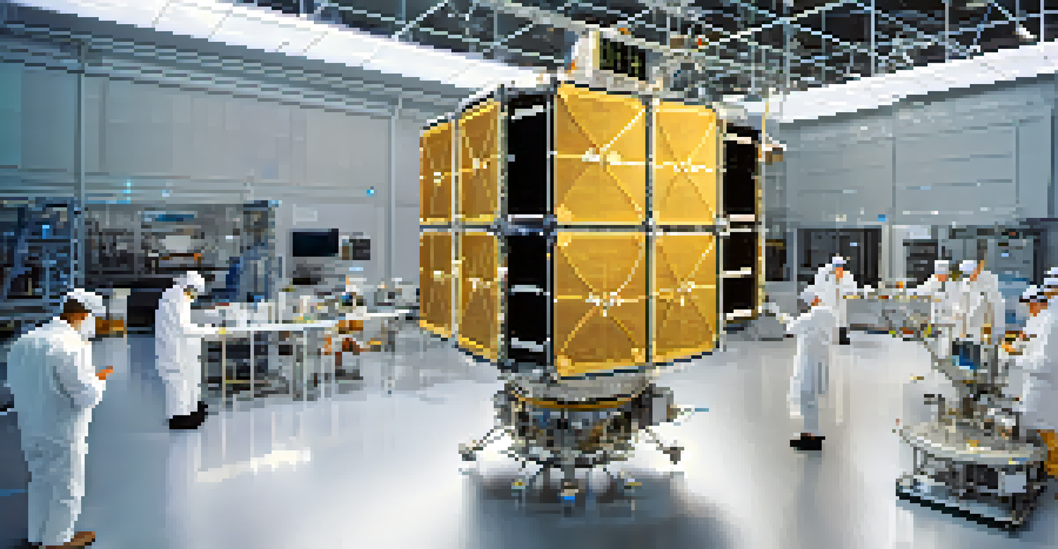 Close-up of technicians assembling a high-tech satellite in a clean room.